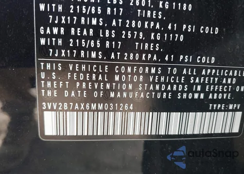 2021 Volkswagen Tiguan 2.0T Se/2.0T Se R-Line Black/2.0T Sel из США, поврежденный, VIN 3VV2B7AX6MM031264